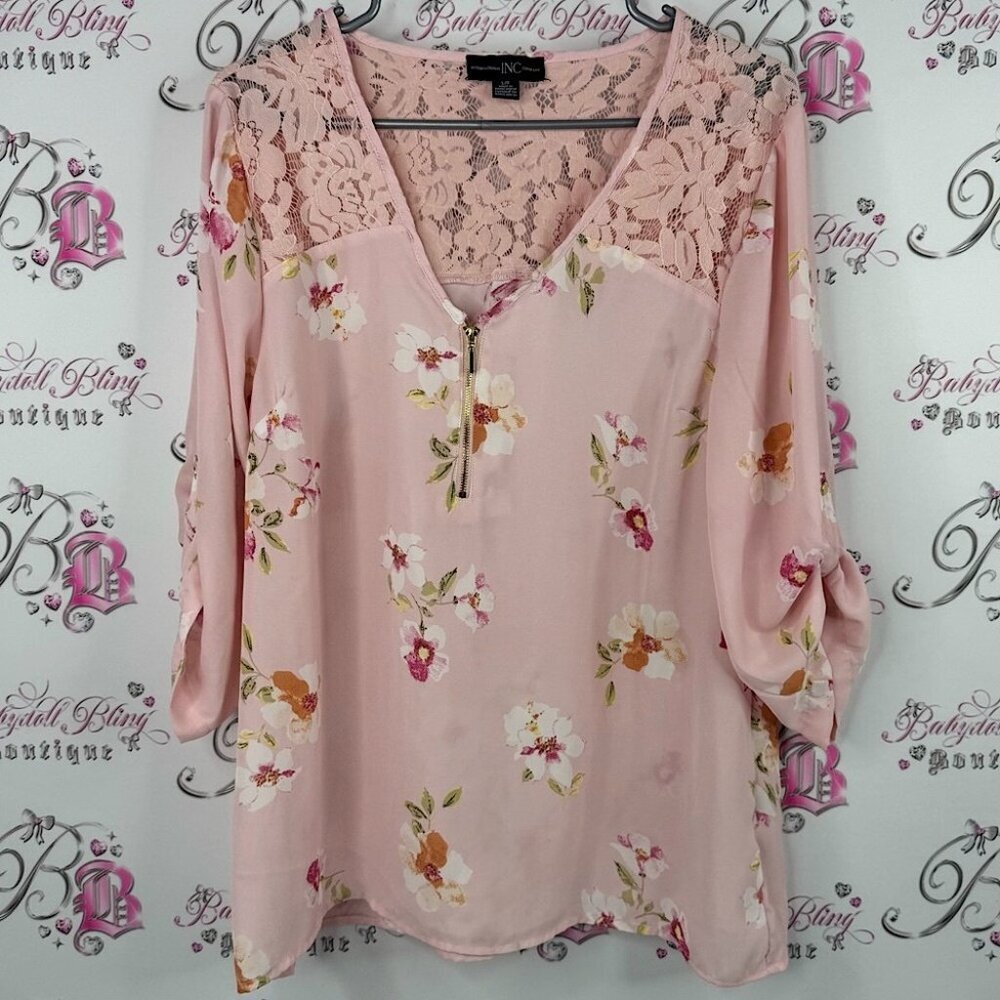 INC international company blouse flowers zip up gold Pink Floral Lace Blouse